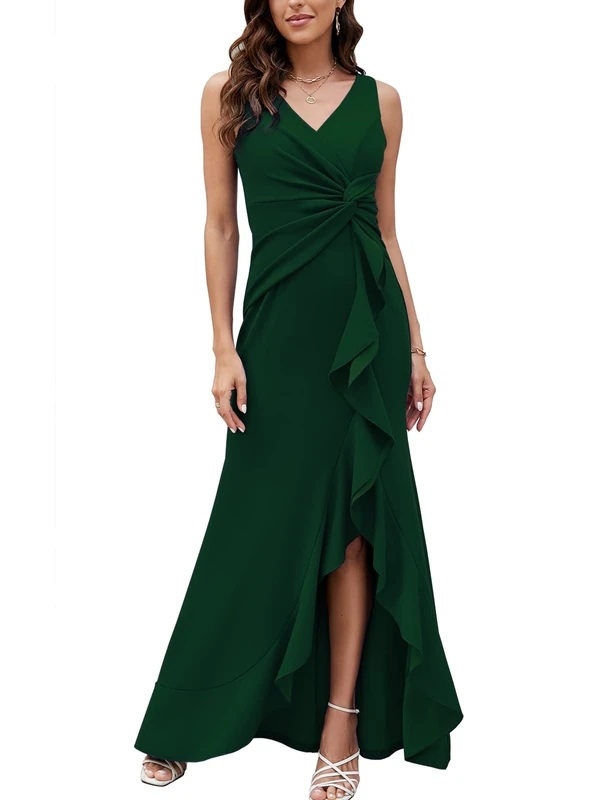 FQA Long Black Evening Gowns for Women Formal Dresses for Women Evening Party Elegant V Neck Sleeveless Split Wrap, Dark Green, M