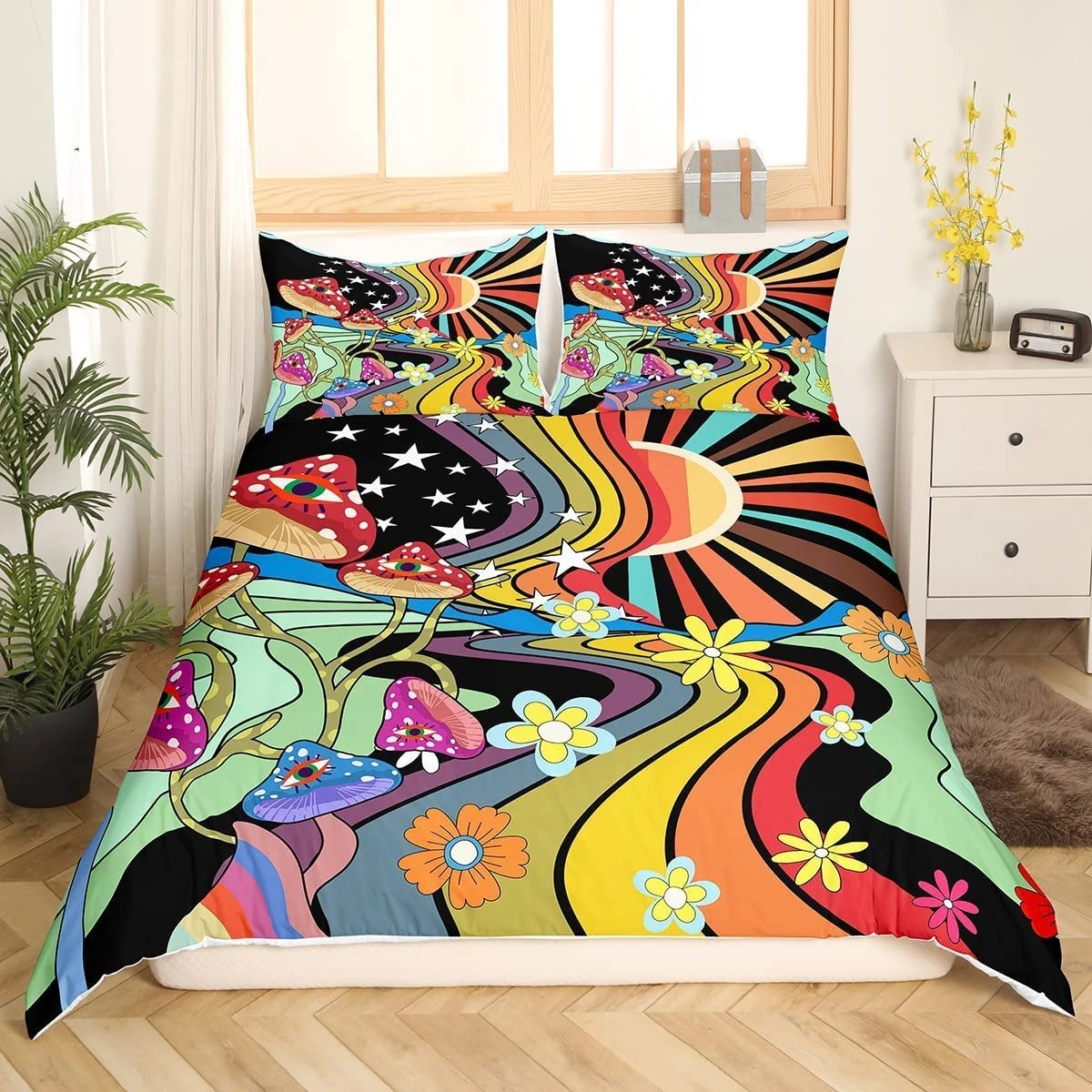 Homewish Trippy Mushroom Duvet Cover Groovy Floral Comforter Cover Rainbow Striped Bedding Set Double Hippie Boho Eye Quilt Cover Starry Night 70S Theme Decor With 2 Pillowcase