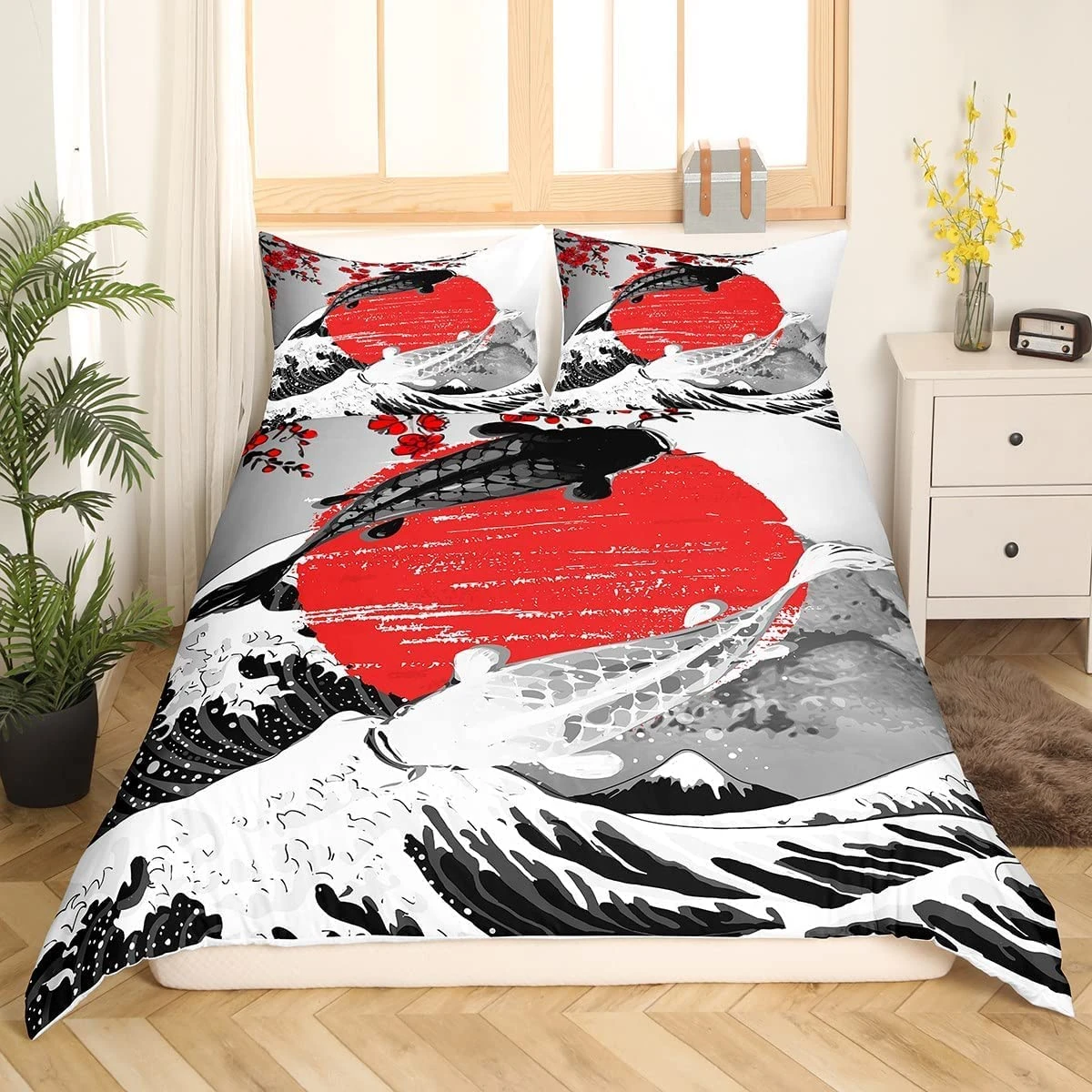 Mount Fuji Duvet Cover Japanese Style Koi Fish Comforter Cover Ukiyo-E Theme Bedding Set Mountain Cherry Blossom Red Sun Ink Painting Quilt Cover 3 Pieces With 2 Pillow Cases Double Size Black White