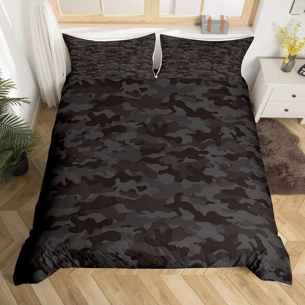 Black Grey Camo Duvet Cover Camouflage Comforter Cover Single Size for Kids Boys Teens Youth Bedroom, Abstract Campaign Camo Bedding Set Soft Microfiber Quilt Cover with 1 Pillow Case