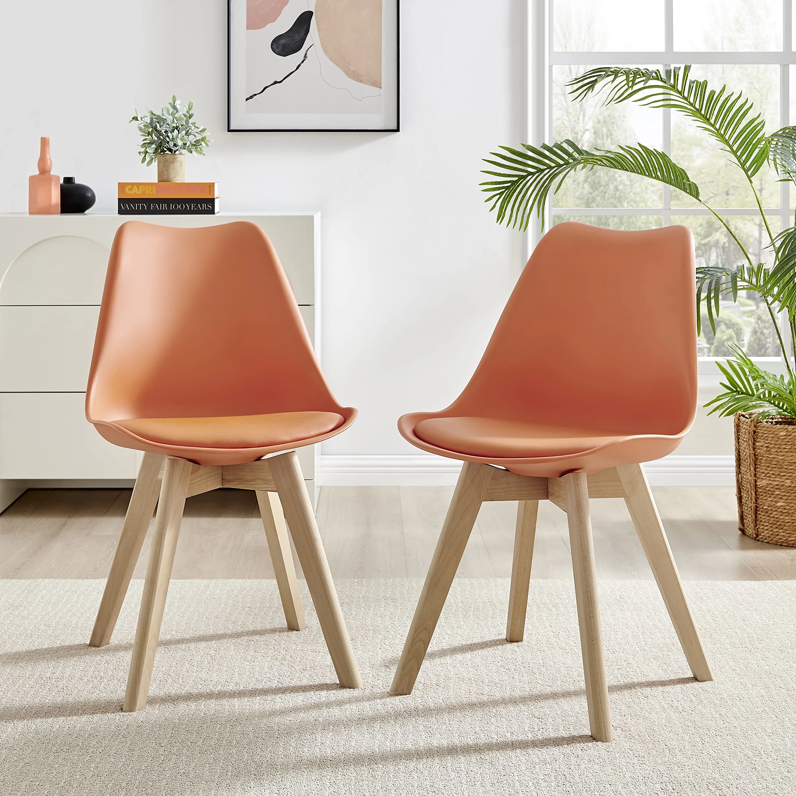 Furniturebox UK Dining Chairs - Stockholm Orange Seats for Dining Room Set of 2 - Premium Dining Room Seating - Modern Scandi Laid Back Stylish Plastic and Wood Chairs (2x Orange Chairs)