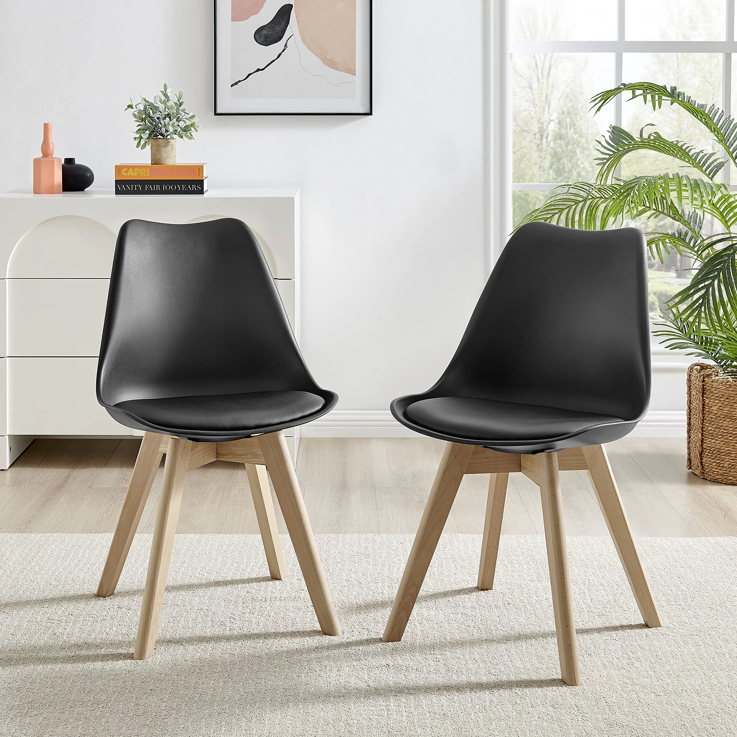 Furniturebox UK Dining Chairs - Stockholm Black Seats for Dining Room Set of 2 - Premium Dining Room Seating - Modern Scandi Laid Back Stylish Plastic and Wood Seats (2x Black Chairs)