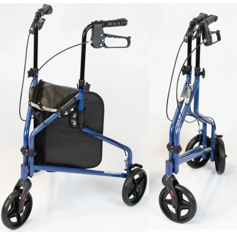 NRS Healthcare 3 Wheel Steel Rollator Wheeled Walking Aid with Bag & Lockable Brakes, Folding & Height Adjustable – Blue