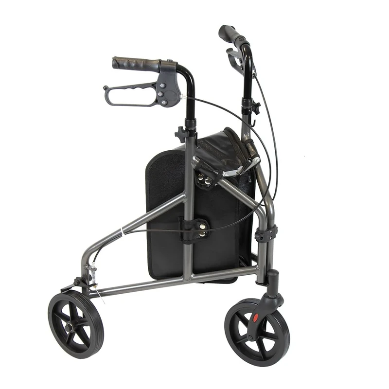 NRS Healthcare 3 Wheel Aluminium Ultra Lightweight 4.5kg (9.9lbs) Rollator Walking Aid with Bag & Lockable Brakes, Folding & Height Adjustable Walker, – Dark Silver