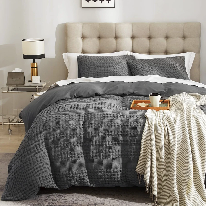 Ivellow Waffle Weave Duvet Cover Set - 100% Cotton, Queen Size, Textured Grey, Cozy Soft Breathable, Skin-Friendly Luxury Comforter Cover, All Season, 90"x90"
