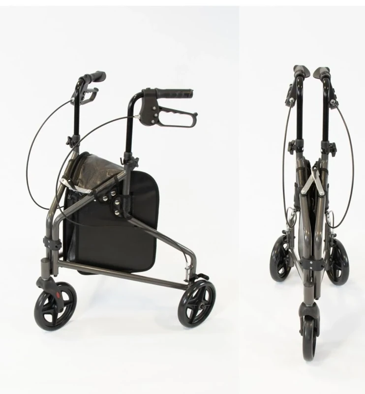 NRS Healthcare 3 Wheel Steel Rollator Walking Aid with Bag & Lockable Brakes, Folding & Height Adjustable – Grey