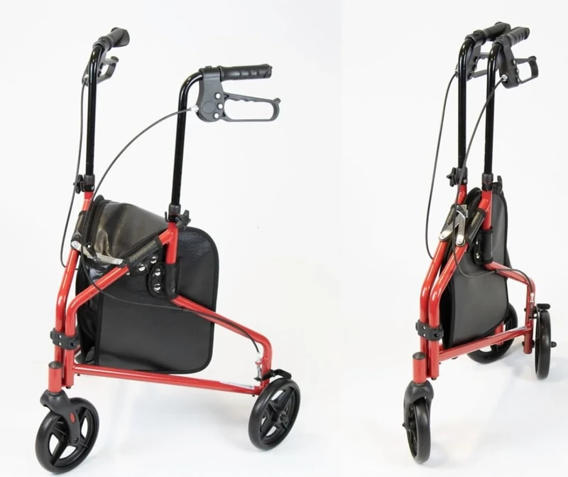 NRS Healthcare 3 Wheel Steel Rollator Walker Walking Aid with Bag, & Lockable Brakes, Folding & Height Adjustable – Red