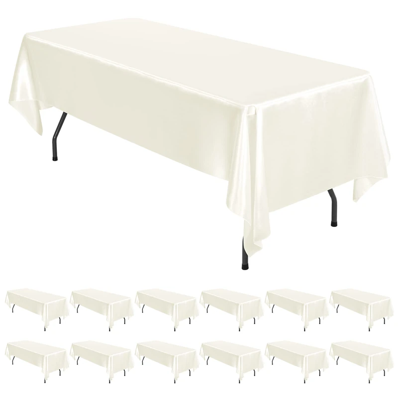 REWOMC 12 Pack Ivory Satin Tablecloth, 57 x 108 Inch, Wrinkle Resistant, Machine Washable, Perfect for 6 Foot Rectangle Tables, Ideal for Weddings, Parties, Banquets