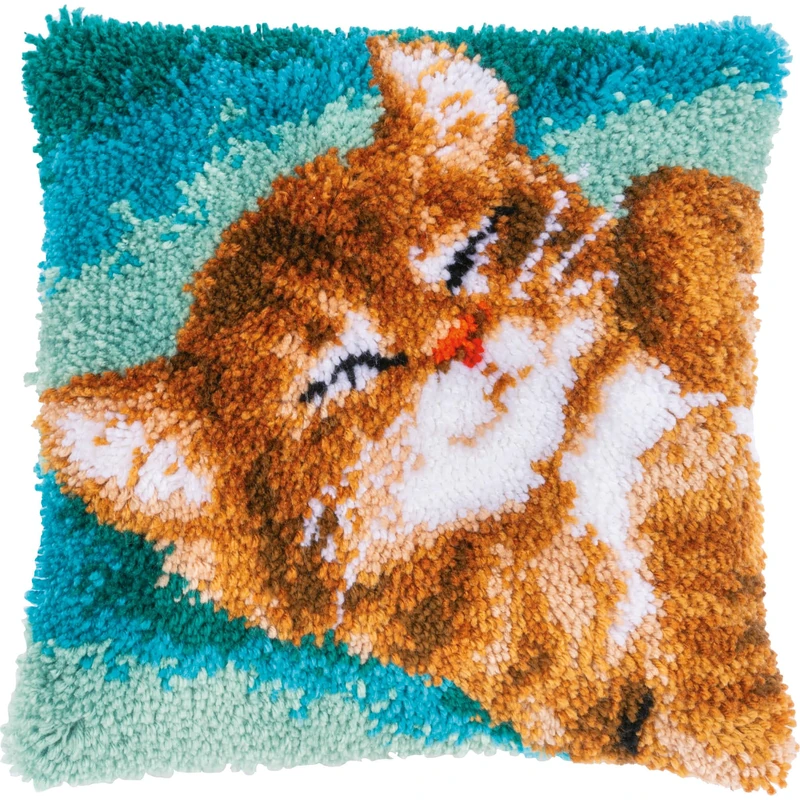 Vervaco Knotted Stitch Cushion Kit for Beginners DIY Cat Latch Hook Complete Kit Home Decoration Manual Leisure Creative Approx. 40 x 40 cm Embroidery