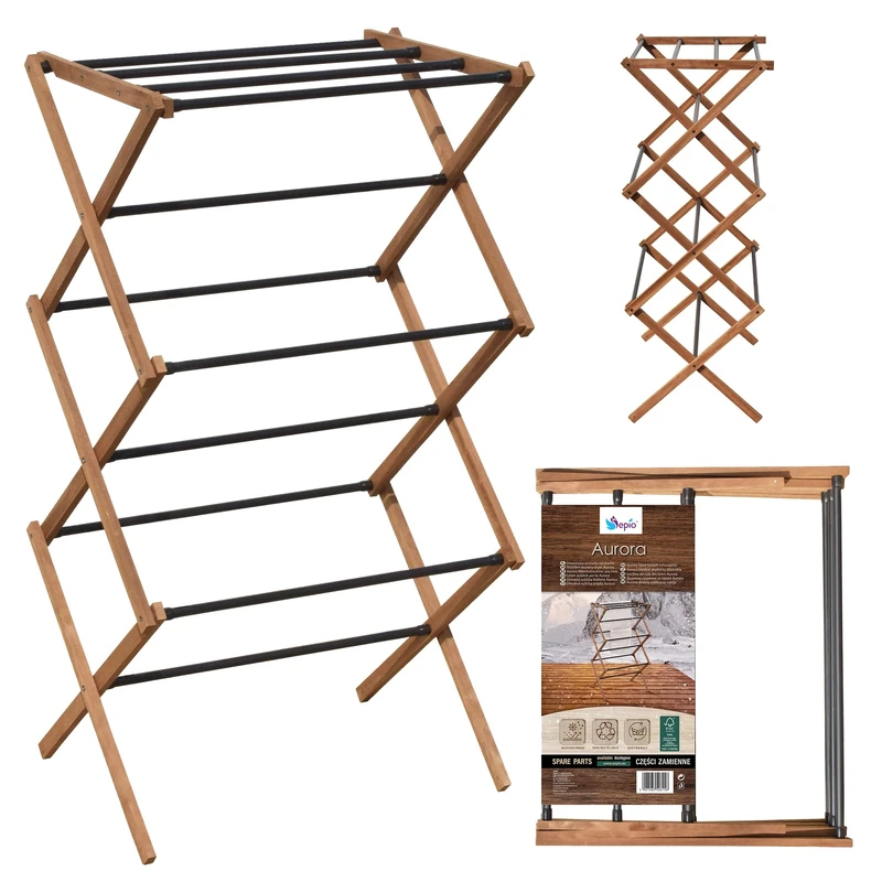 SEPIO Clothes Airer, Ash, Natural Wood, Black, Breit