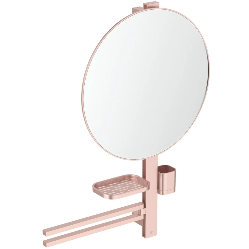 Ideal Standard Alu+ Beauty mirror, Accessory combination L, with Ø 508 mm cosmetic mirror and adjustable shelves, made from 84% recycled aluminum – Rosé (640x145.5x817 mm)