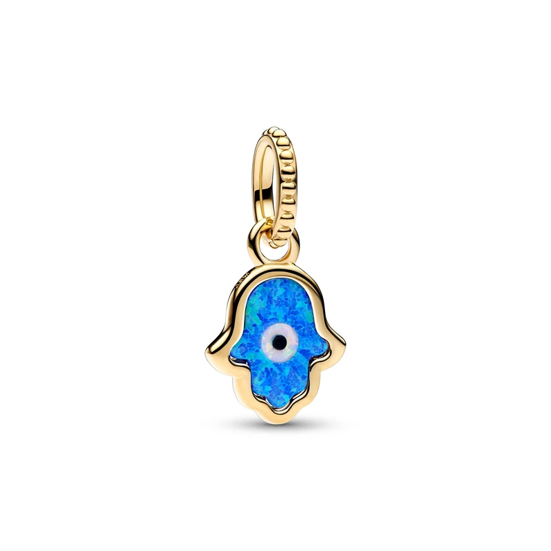 Pandora Moments Hamsa hand 14k gold-plated dangle with deep blue and white lab-created opal and black man-made composite
