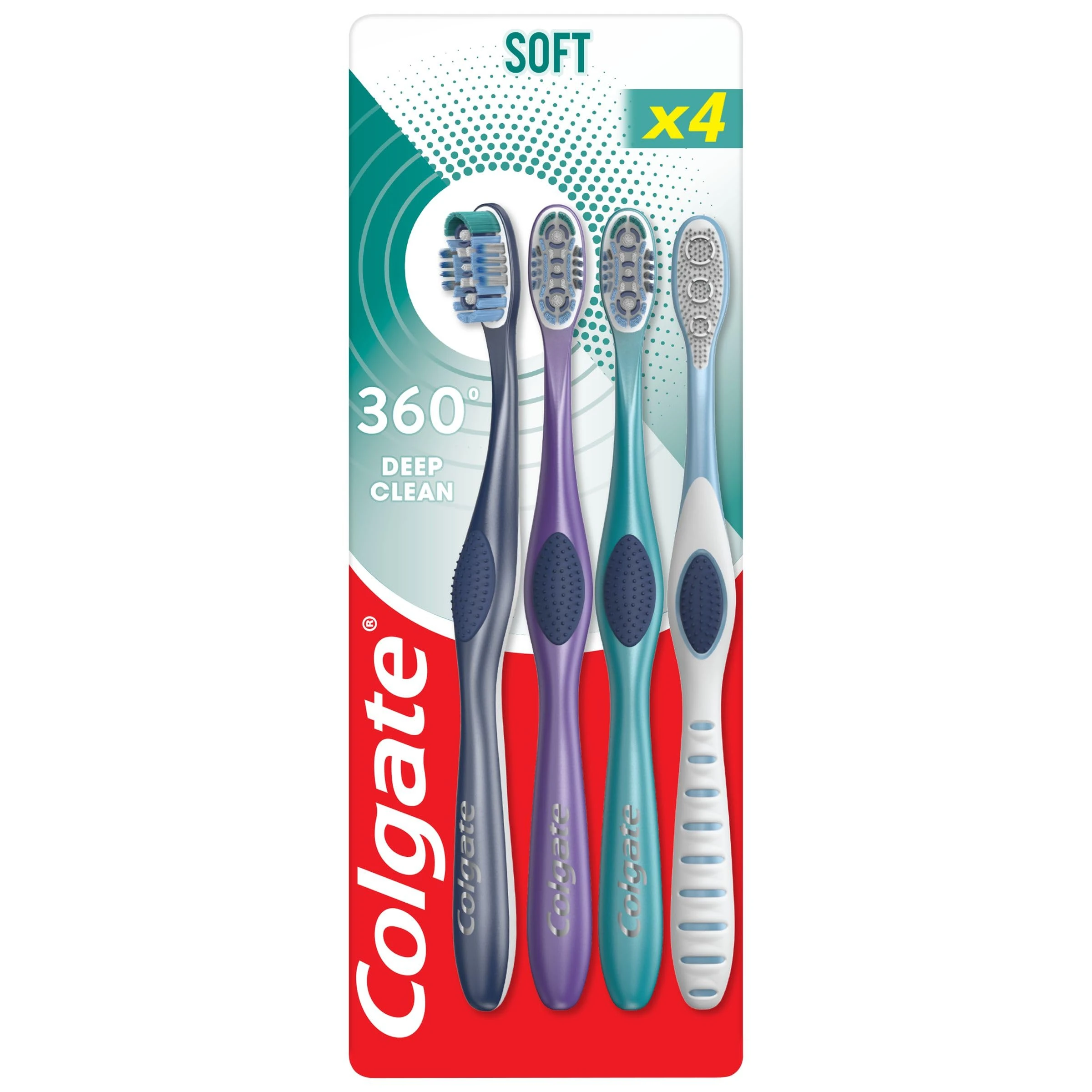 Colgate 360 Deep Clean Soft Toothbrush 4 Pack - removes Bacteria from Teeth, Tongue, Cheeks and Gums - interdental bristles Clean Between Teeth - polishing Cup Remove Plaque - Antibacterial bristles*