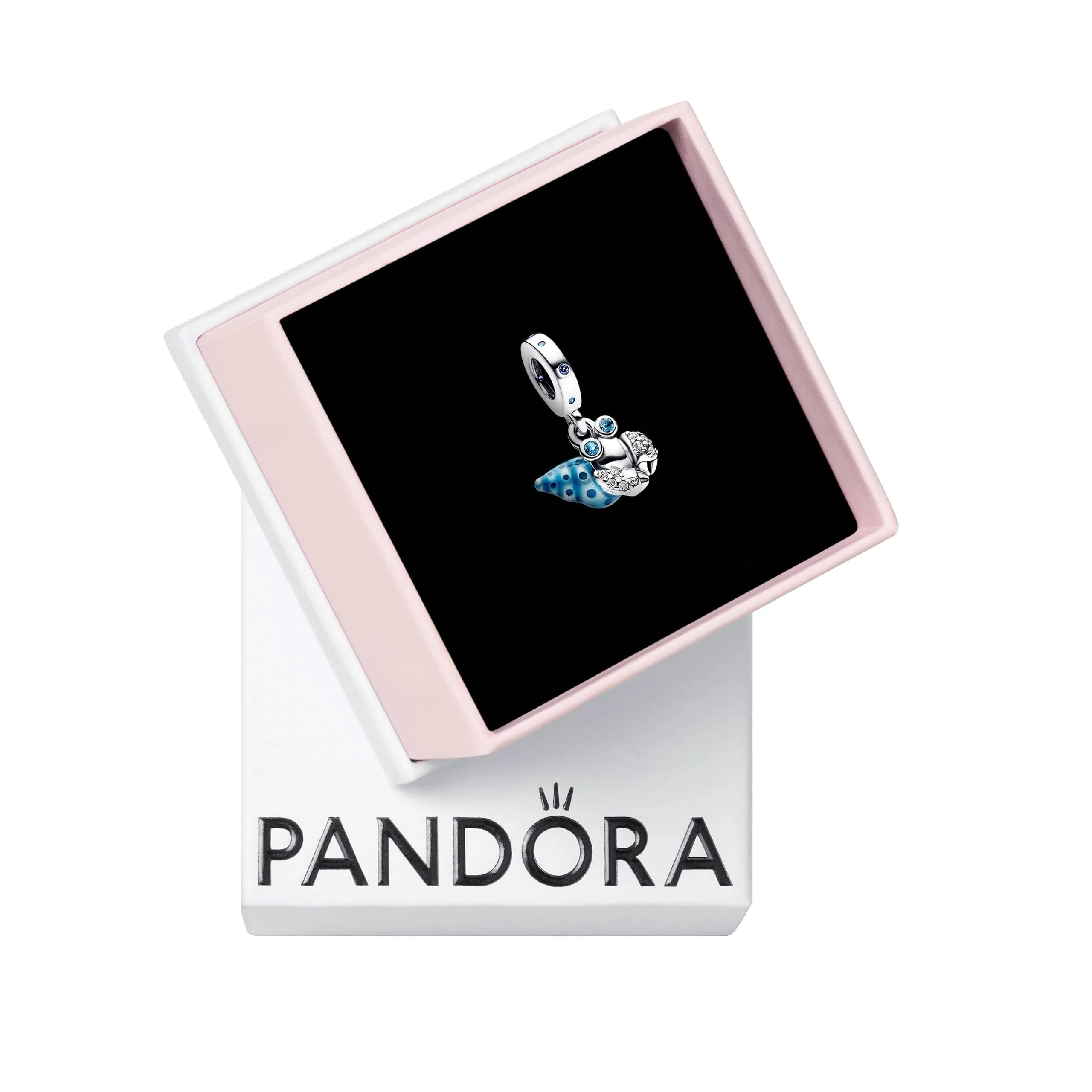 Pandora Moments Hermit crab sterling silver dangle with stellar blue, icy green crystal, clear cubic zirconia and blue glow-in-the-dark ena