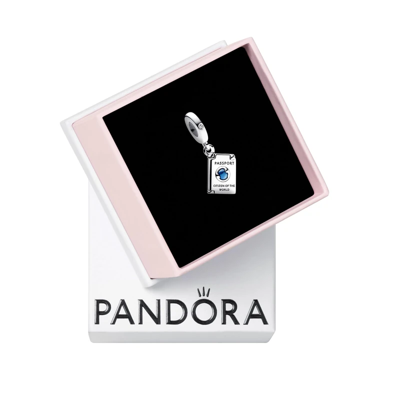 Pandora Moments Openable Passport sterling silver dangle with clear cubic zirconia and shaded blue enamel