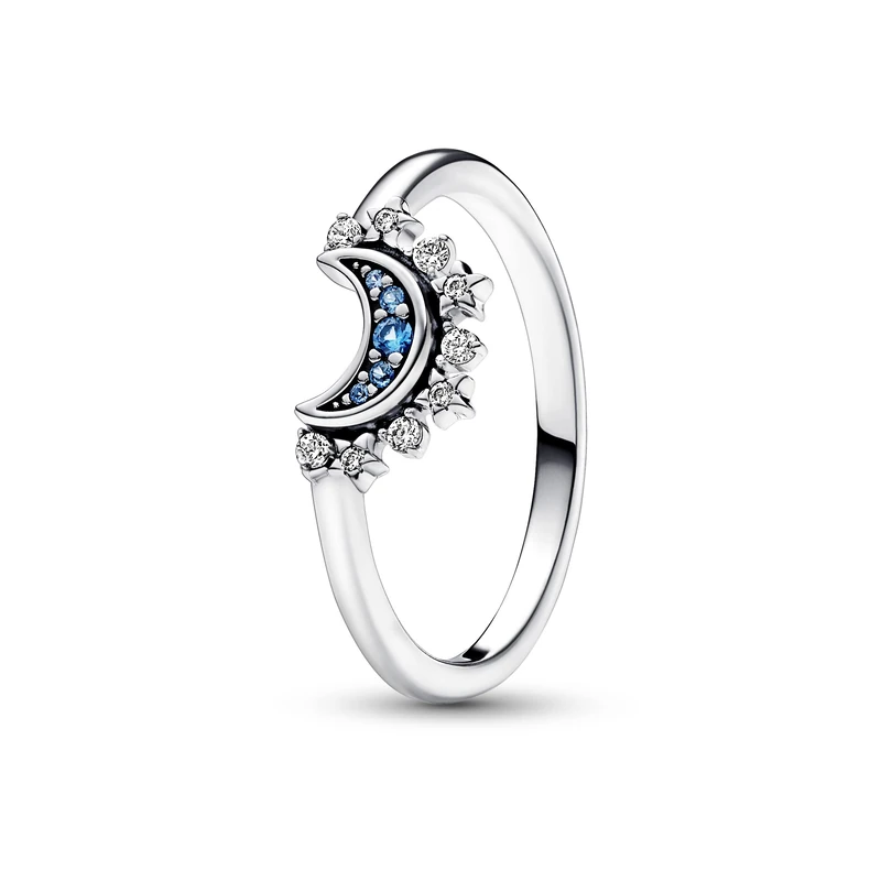 Pandora Moments Celestial Sparkling moon sterling silver ring with night blue crystal and clear cubic zirconia, 52