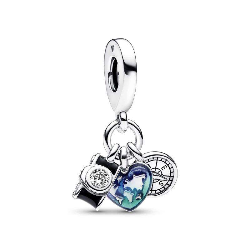 Pandora Moments Camera, heart and compass sterling silver triple dangle with clear cubic zirconia, black, transparent blue and green enamel