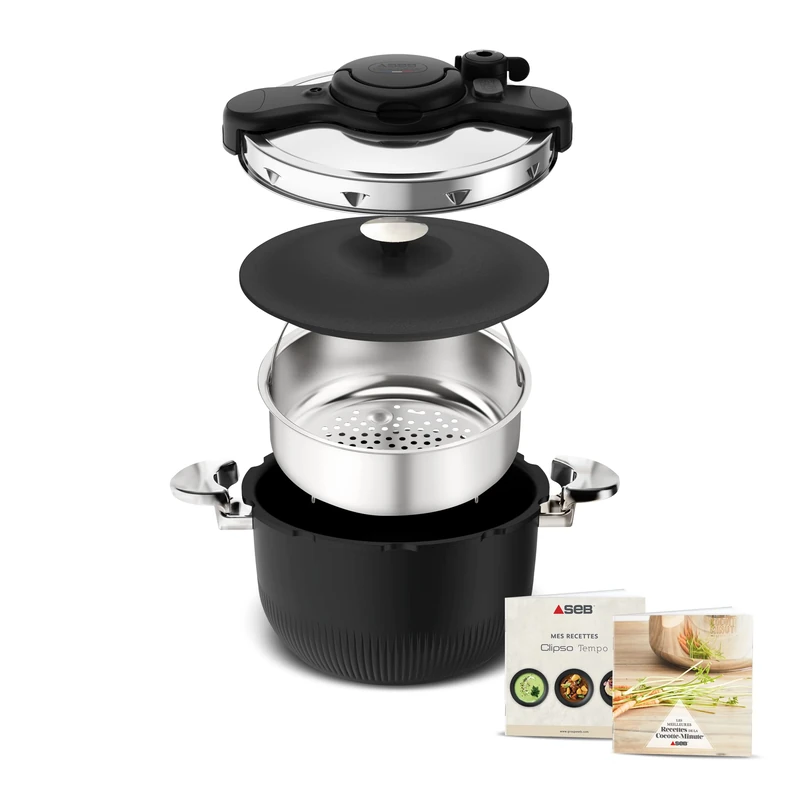 Seb Clipso Tempo 3-in-1 Pressure Cooker, 6 L Stainless Steel Pressure Cooker, Easy Opening, Quick and Safe Cooking, Ergonomic Black Handles, P4810700