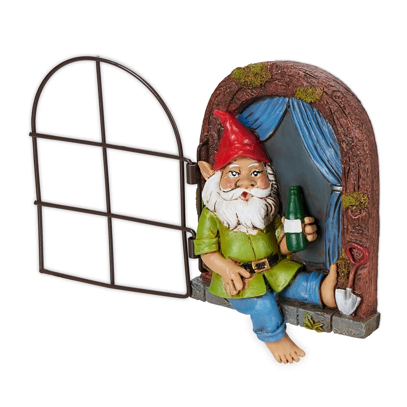 Relaxdays Gnome with Window, Weatherproof Garden Decoration, Hanging on Tree or Wall, HWD: 14.5 x 10.5 x 4 cm, Colourful, Polyresin