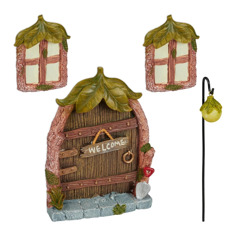 Relaxdays Fairy Garden Set: 2 Windows, 1 Lantern, 1 Door, Weatherproof Outside Decoration, Artificial Stone, Colourful - Image 1