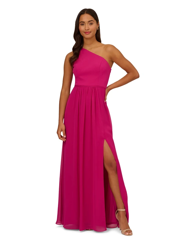 Adrianna Papell Women's One Shoulder Chiffon Gown Special Occasion Dress, Bright Magenta, 18
