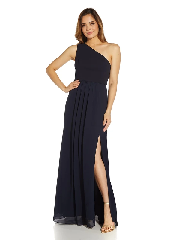 Adrianna Papell Women's One Shoulder Chiffon Gown, Midnight, 8