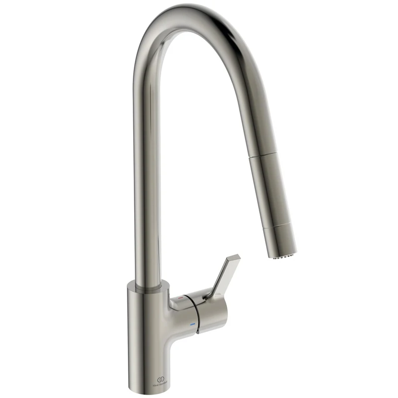 Ideal Standard – Gusto Kitchen tap, High spout with Round Design, with Pull-Out Spray and Dual Spray Modes, 360° Swivel spout, Easy to Install with EasyFix+ Fixation, PVD Finish, Silver Storm
