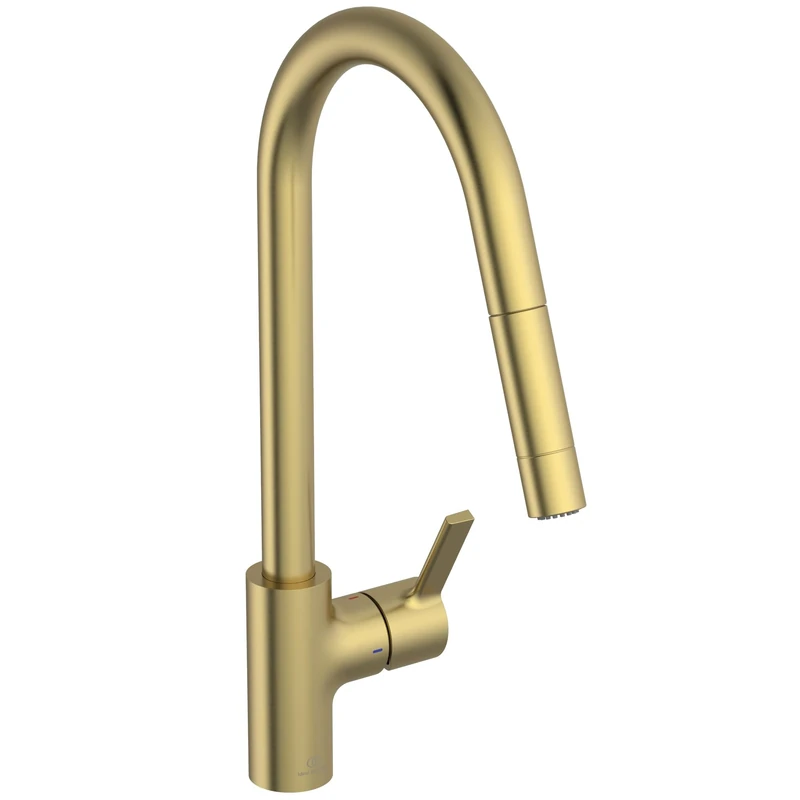 Ideal Standard – Gusto Kitchen tap, High spout with Round Design, with Pull-Out Spray and Dual Spray Modes, 360° Swivel spout, Easy to Install with EasyFix+ Fixation, PVD Finish, Brushed Gold
