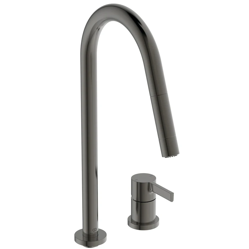 Ideal Standard – Gusto 2 Hole Kitchen tap, High spout with Round Design, with Pull-Out Spray and Dual Spray Modes, 360° Swivel spout, Screw Connection from Below, PVD Finish, Magnetic Grey