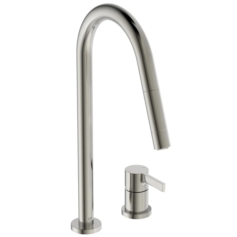 Ideal Standard – Gusto 2 Hole Kitchen tap, High spout with Round Design, with Pull-Out Spray and Dual Spray Modes, 360° Swivel spout, Screw Connection from Below, PVD Finish, Silver Storm