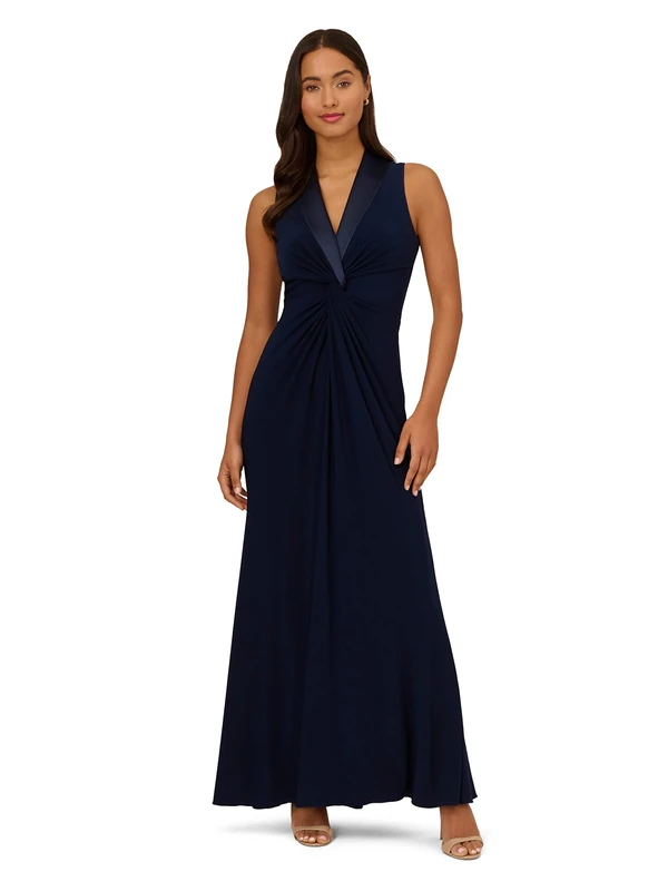 Adrianna Papell Women's Jersey Tuxedo Gown Special Occasion Dress, Midnight, 16