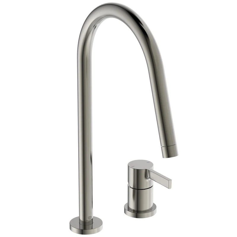 Ideal Standard – Gusto 2 Hole Kitchen tap, High spout with Round Design, with FirmaFlow Cartridge, 360° Swivel spout, Screw Connection from Below, PVD Finish, Silver Storm