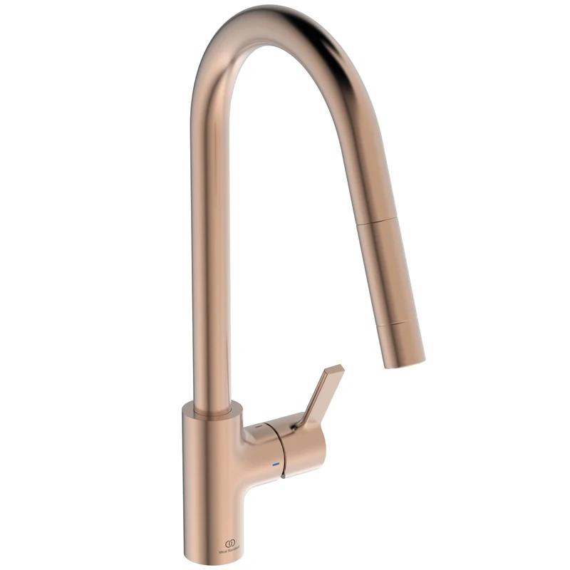 Ideal Standard – Gusto Kitchen tap, High spout with Round Design, with Pull-Out Spray, 360° Swivel spout, Easy to Install with EasyFix+ Fixation, PVD Finish, Sunset Rose