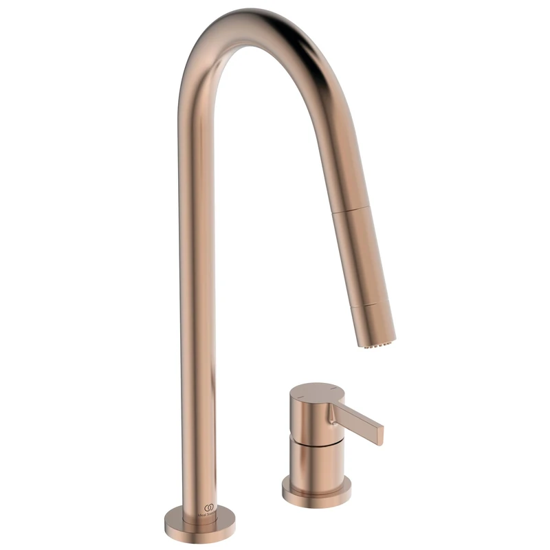 Ideal Standard – Gusto 2 Hole Kitchen tap, High spout with Round Design, with Pull-Out Spray and Dual Spray Modes, 360° Swivel spout, Screw Connection from Below, PVD Finish, Sunset Rose