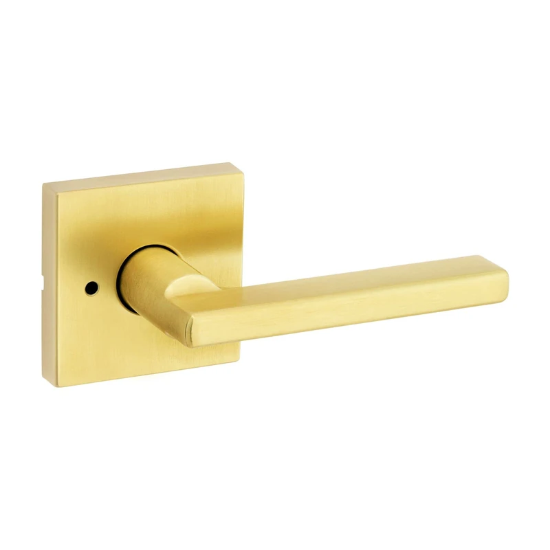 Kwikset Halifax Interior Privacy Door Handle with Lock, Door Lever for Bathroom and Bedroom, Satin Brass Reversible Keyless Push Button Lock Door Lever, with Microban Protection