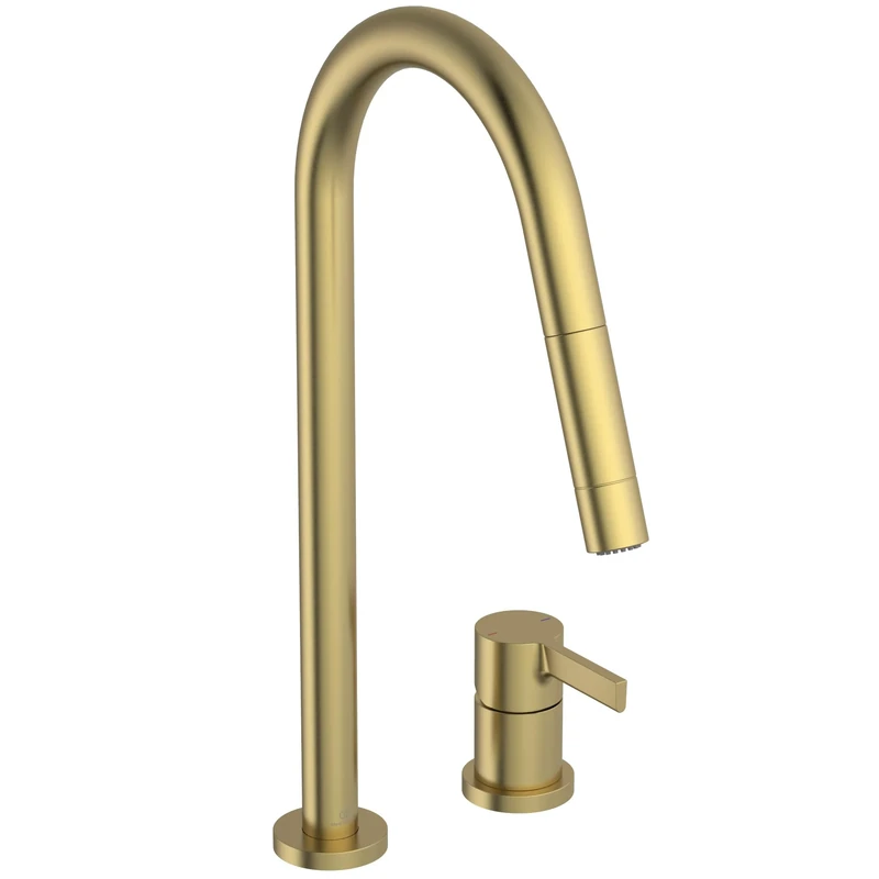 Ideal Standard – Gusto 2 Hole Kitchen tap, High spout with Round Design, with Pull-Out Spray and Dual Spray Modes, 360° Swivel spout, Screw Connection from Below, PVD Finish, Brushed Gold