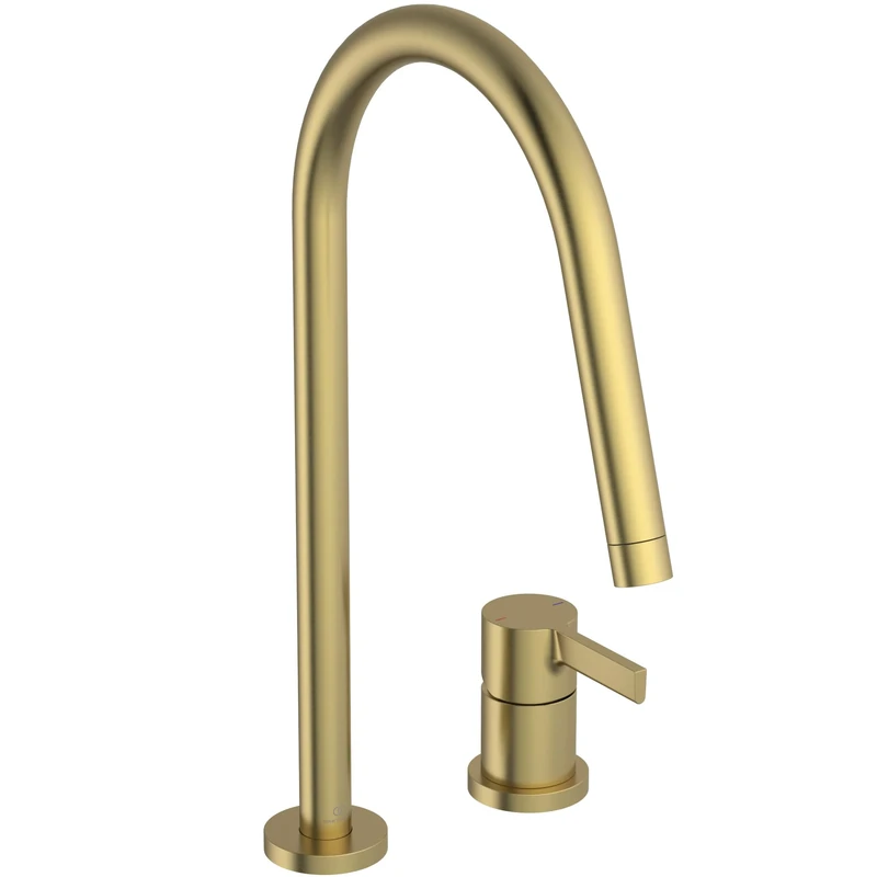Ideal Standard – Gusto 2 Hole Kitchen tap, High spout with Round Design, with FirmaFlow Cartridge, 360° Swivel spout, Screw Connection from Below, PVD Finish, Brushed Gold