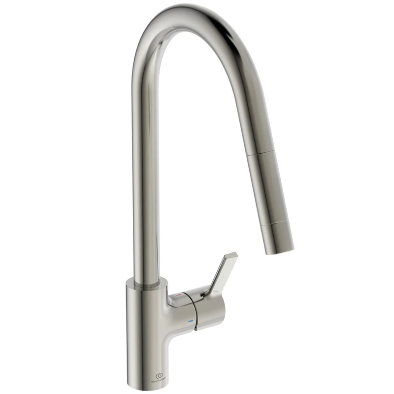 Ideal Standard – Gusto Kitchen tap, High spout with Round Design, with Pull-Out Spray, 360° Swivel spout, Easy to Install with EasyFix+ Fixation, PVD Finish, Silver Storm