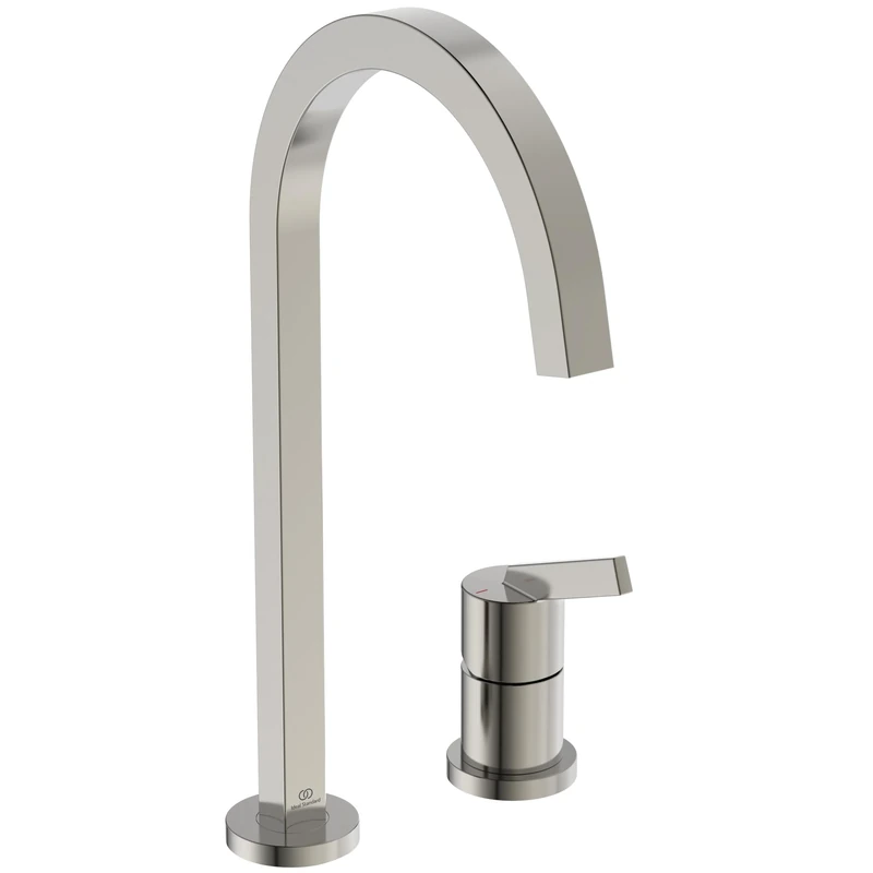 Ideal Standard – Gusto 2 Hole Kitchen tap, High spout with Square Design, with FirmaFlow Cartridge, 360° Swivel spout, Screw Connection from Below, PVD Finish, Silver Storm