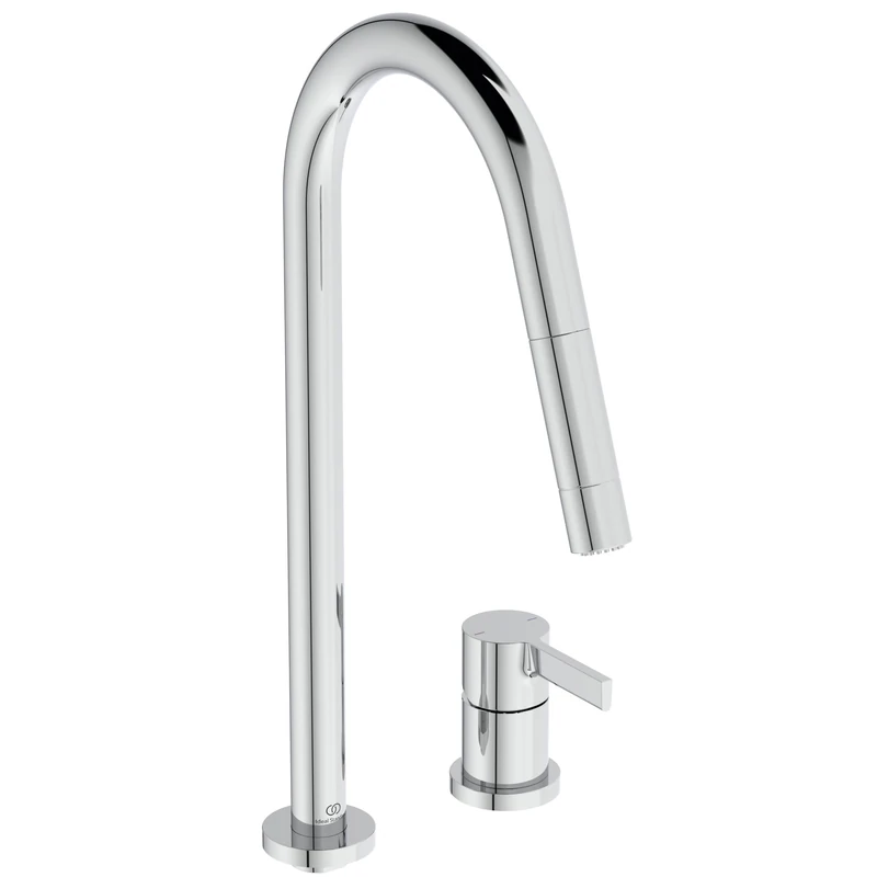 Ideal Standard – Gusto 2 Hole Kitchen tap, High spout with Round Design, with Pull-Out Spray and Dual Spray Modes, 360° Swivel spout, Screw Connection from Below, smartshine Finish, Chrome