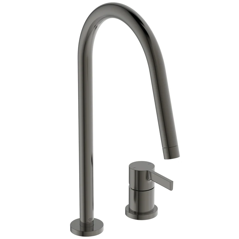 Ideal Standard – Gusto 2 Hole Kitchen tap, High spout with Round Design, with FirmaFlow Cartridge, 360° Swivel spout, Screw Connection from Below, PVD Finish, Magnetic Grey