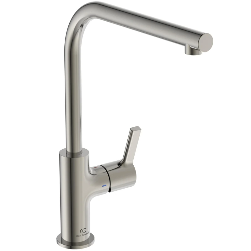 Ideal Standard – Gusto Kitchen tap, High spout with Round L-Design, with FirmaFlow Cartridge, 360° Swivel spout, Easy to Install with EasyFix+ Fixation, PVD Finish, Silver Storm