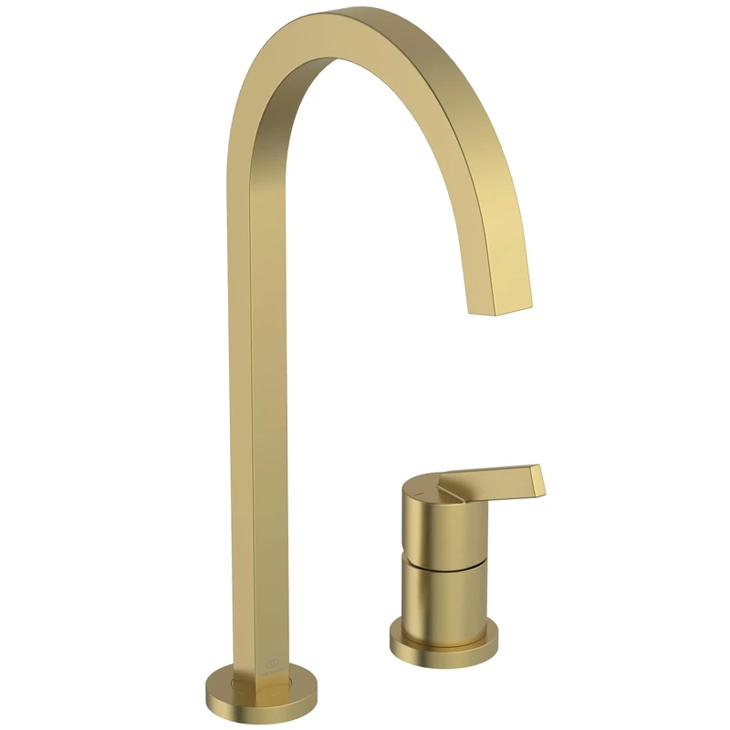 Ideal Standard – Gusto 2 Hole Kitchen tap, High spout with Square Design, with FirmaFlow Cartridge, 360° Swivel spout, Screw Connection from Below, PVD Finish, Brushed Gold