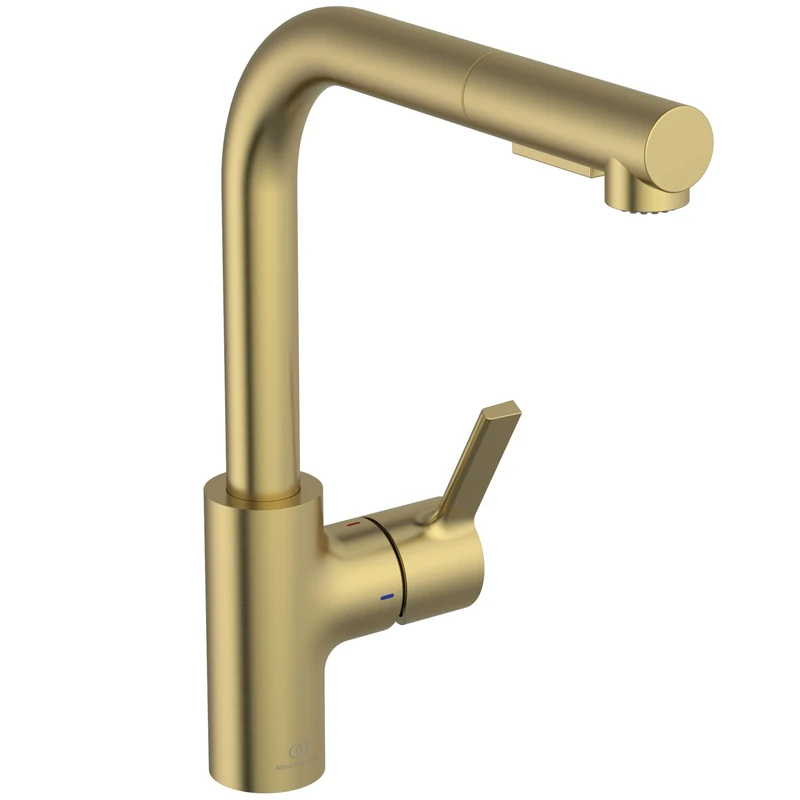 Ideal Standard – Gusto Kitchen tap, High spout with Round L-Design, with Pull-Out Spray and Dual Spray Modes, 360° Swivel spout, Easy to Install with EasyFix+ Fixation, PVD Finish, Brushed Gold