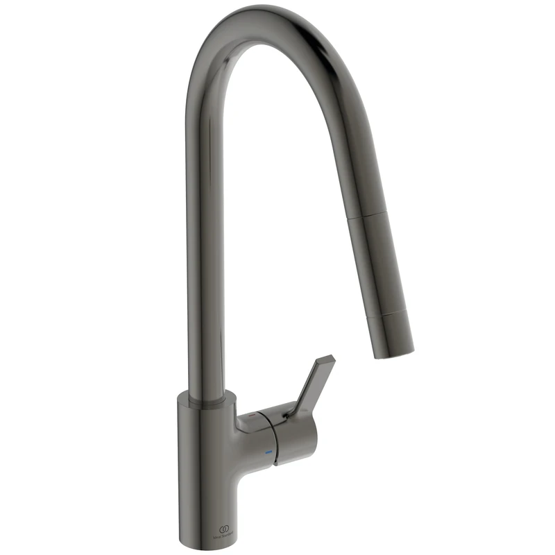 Ideal Standard – Gusto Kitchen tap, High spout with Round Design, with Pull-Out Spray, 360° Swivel spout, Easy to Install with EasyFix+ Fixation, PVD Finish, Magnetic Grey