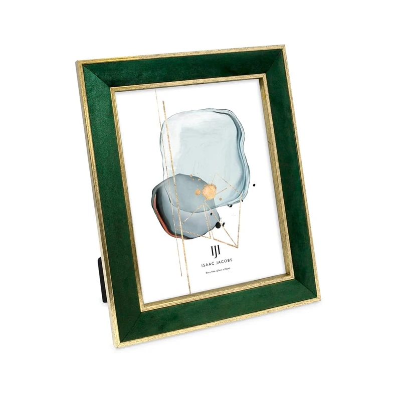 Isaac Jacobs Velvet Picture Frame with Metallic Gold Double Border, Photo Frame, Horizontal & Vertical, Made for Tabletop & Wall Display, for Home and Office (8x10, Green)
