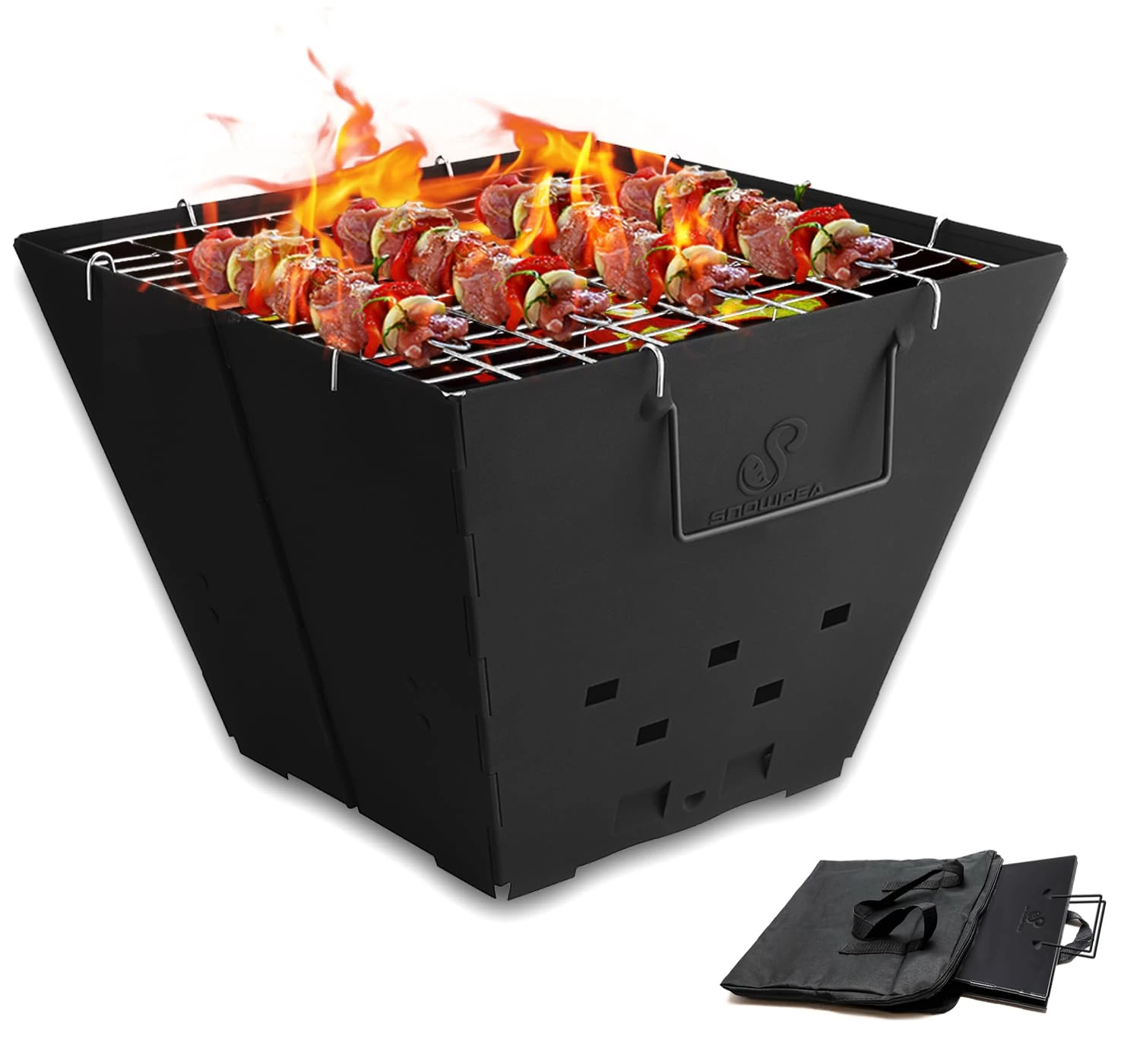 Snowpea Portable Fire Pit for Camping, Collapsible Outdoor Pit, Folding with Carry Bag, Iron Bowl Picnics, Bonfire, Patio, Backyard and Garden - Top Grill, Black (FP-01)