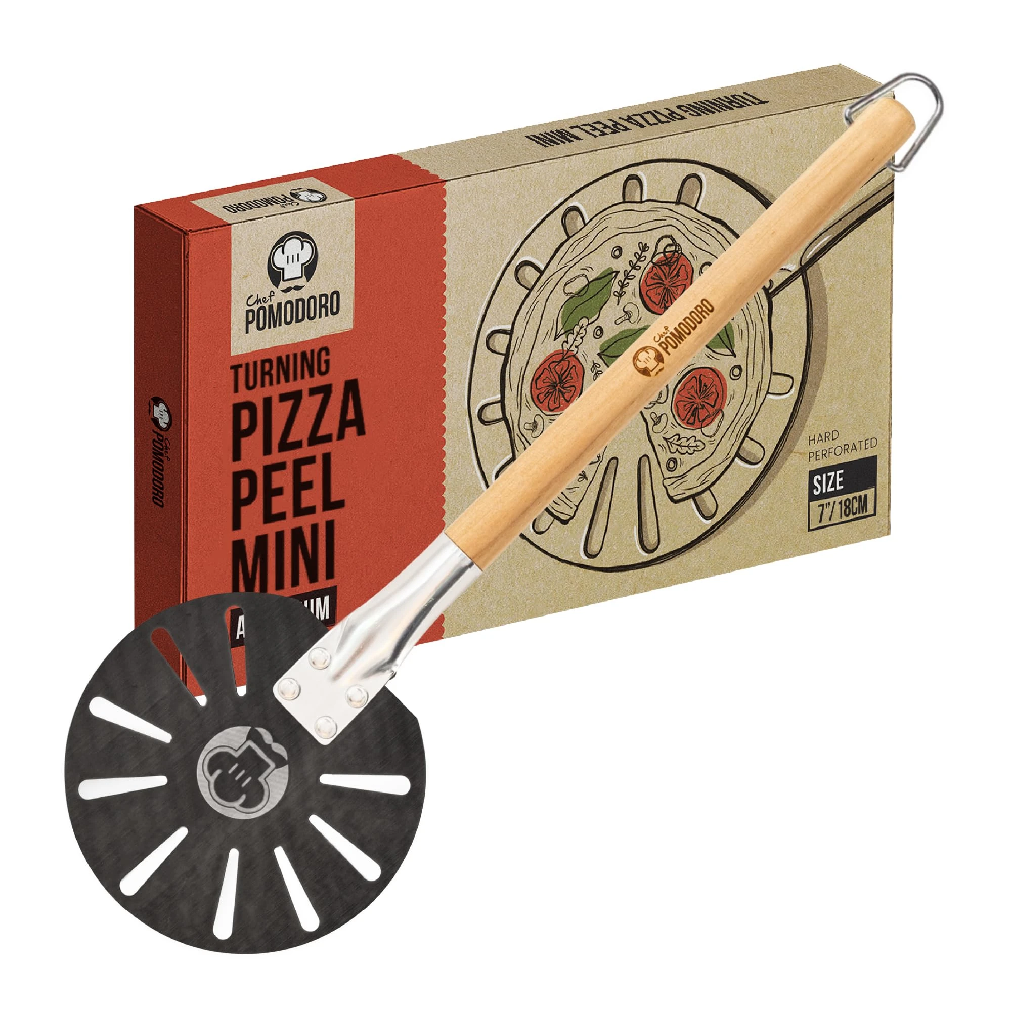 Chef Pomodoro Mini Pizza Turning Peel with Aluminum Handle - 18cm (7-inch) Luxury Pizza Peel for Baking Homemade Pizza and Bread - Oven Accessory