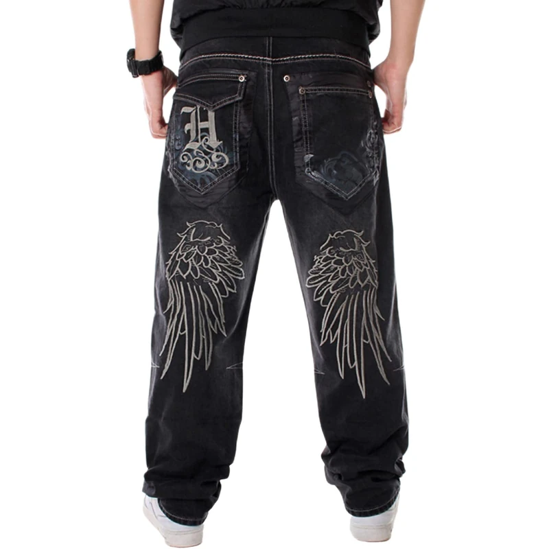 FantasyGears Y2k Baggy Jeans for Men Grunge Vintage Relaxed Fit Skateboard Jeans Loose Embroidery Hip Hop Dance Denim Pants, E#Black, 36