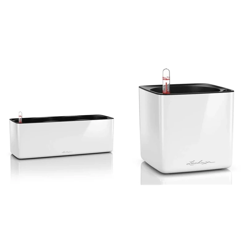 Lechuza CUBE Glossy Triple Self Watering Planter Garden Flower Plant Pot Indoor/Outdoor Planter & CUBE Glossy 14 Table Plant Cube with Stick Irrigation System